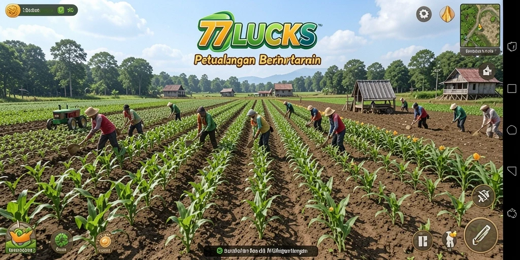Tangkapan layar utama gameplay 77LUCKS menampilkan ladang yang subur dan aktivitas pertanian.