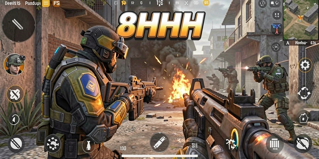 Tampilan gameplay 8HHH yang aksi penuh di medan perang.