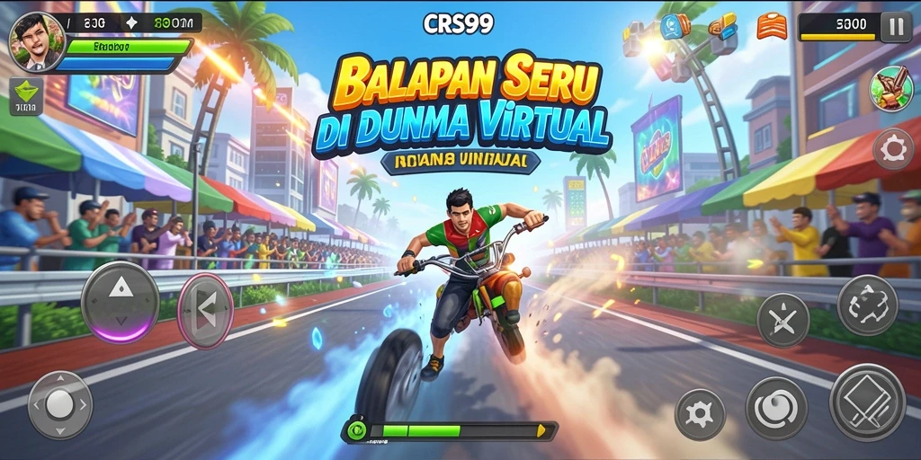 Tangkapan layar menampilkan balapan mendebarkan di CRS99 dengan mobil yang melaju cepat.
