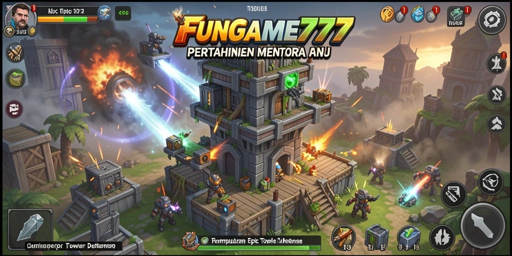 Screenshot gameplay FUNGAME777 menampilkan strategi Tower Defense yang menegangkan.