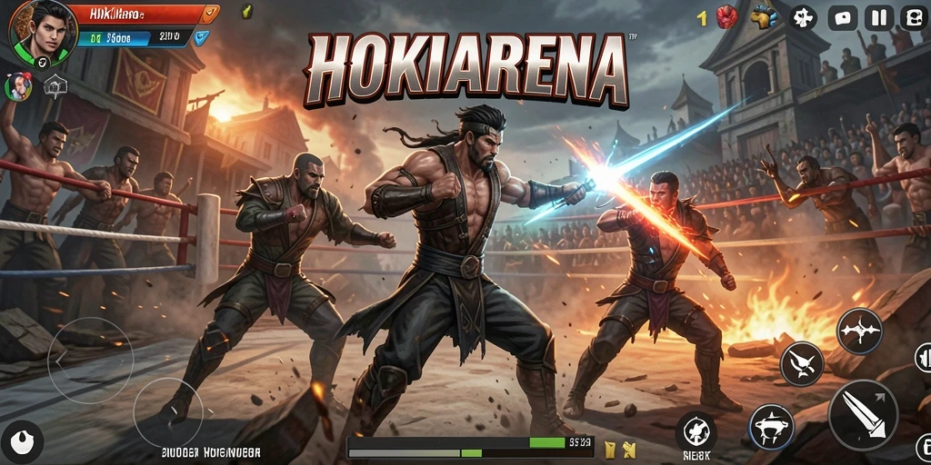 Tampilan gameplay HOKIARENA yang menegangkan di arena pertarungan.