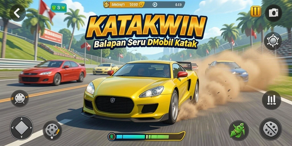 Tampilan screenshot KATAKWIN saat balapan dengan mobil katak yang ceria.