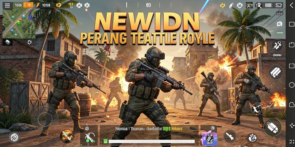 Screenshot gameplay NEWIDN yang menampilkan aksi pertempuran seru di Battle Royale.