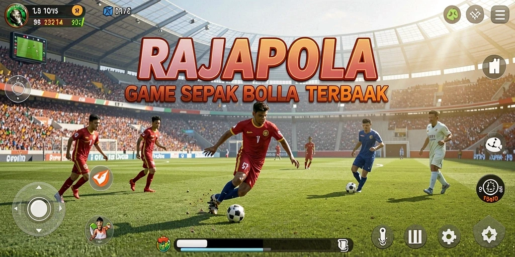 Screenshot utama RAJAPOLA memperlihatkan aksi sepak bola yang mendebarkan.