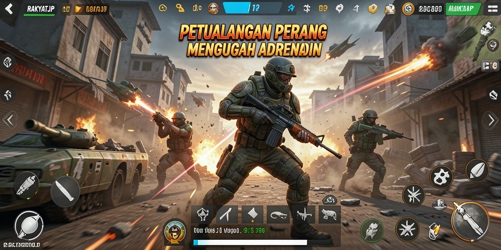 Screenshot utama RAKYATJP menampilkan aksi mendebarkan di medan perang.