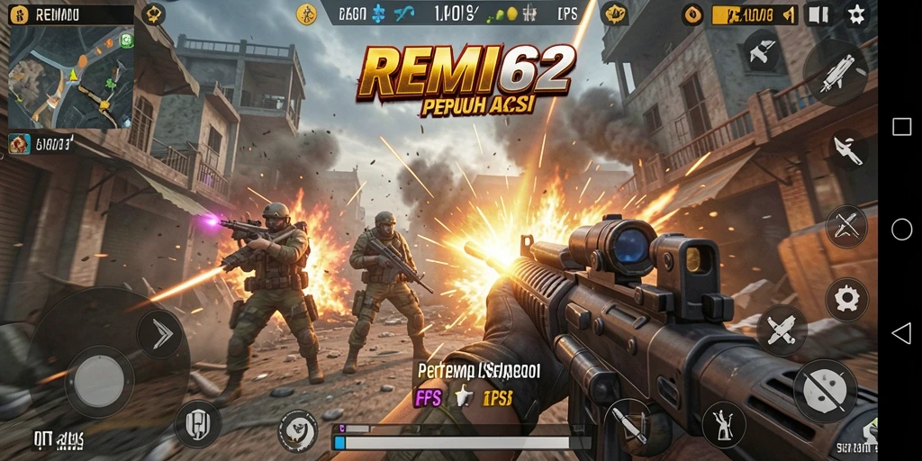 Tangkapan layar utama REMI62 yang menunjukkan aksi intens dalam gameplay FPS.