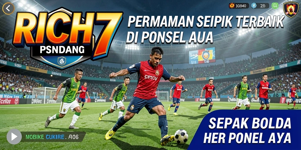 Screenshot gameplay RICH7 menampilkan aksi seru pemain sepak bola.