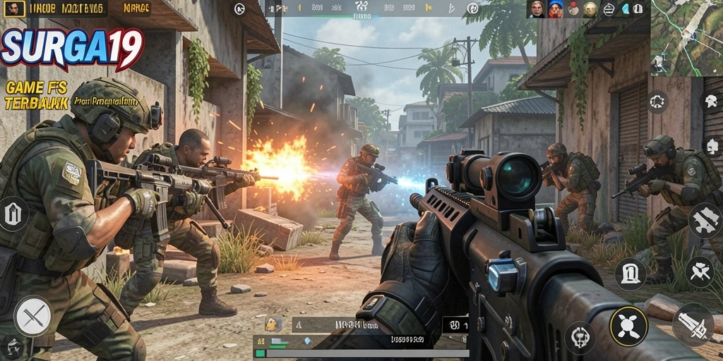Screenshot SURGA19 menampilkan aksi tembak-menembak yang mendebarkan dalam permainan FPS.