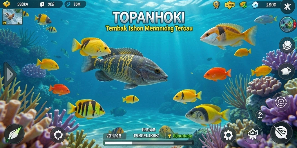 Screenshot gameplay <strong>TOPANHOKI</strong> menunjukkan aksi menangkap ikan yang mendebarkan.