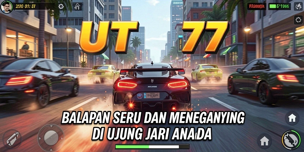 Screenshot utama UT77 menampilkan aksi balapan yang mendebarkan dan mobil cepat.