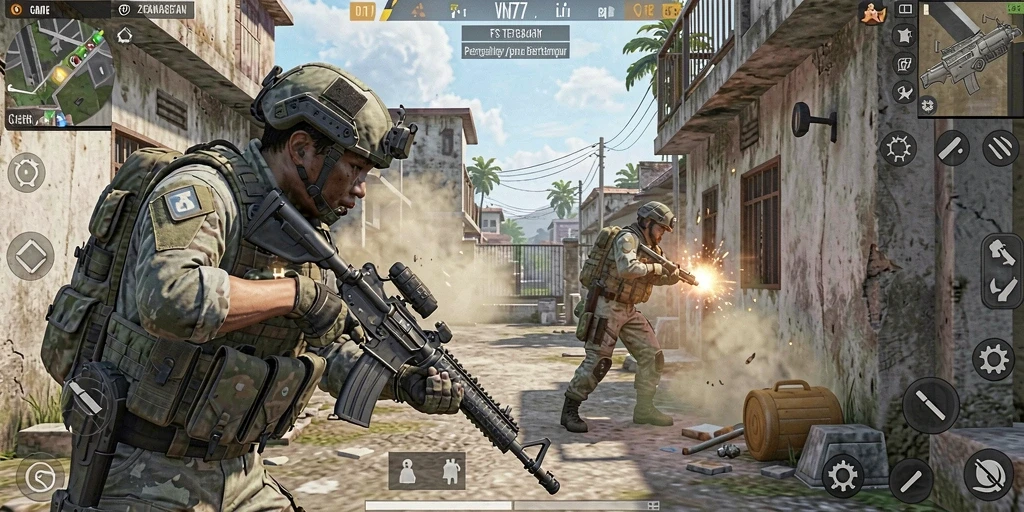Screenshot menyajikan aksi pertempuran intens dalam game FPS.