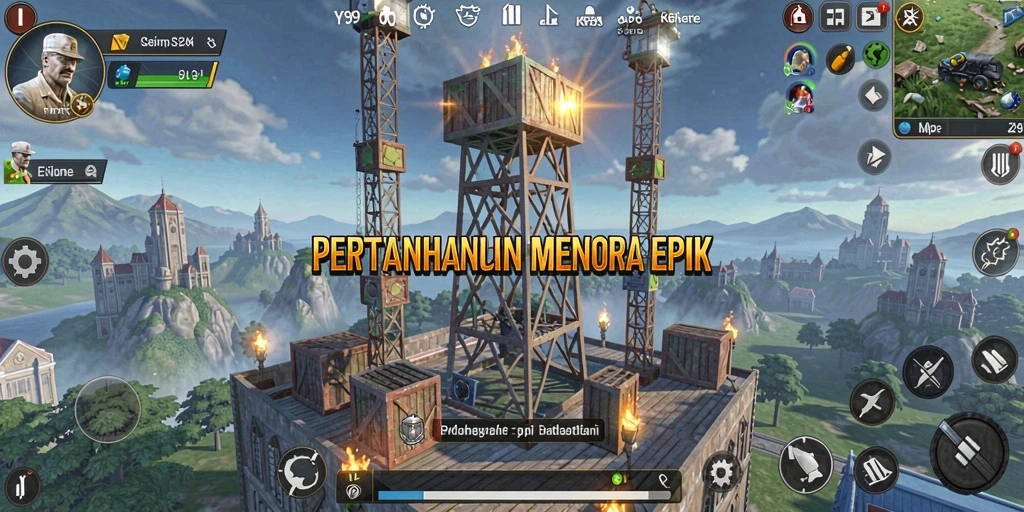 Tampilan gameplay seru dengan menara bertahan melawan gelombang musuh.